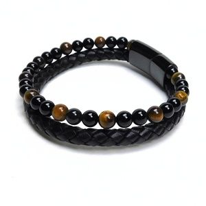 Mens Leather Tiger Eye Natural Stone Bracelet